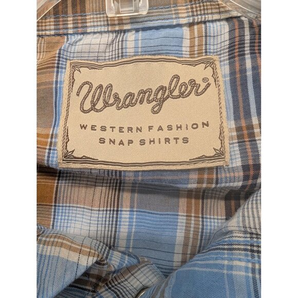 Wrangler Shirt Mens 2XL Blue Brown Plaid Western Pearl Snap Short Sleeve Cowboy - Picture 8 of 8